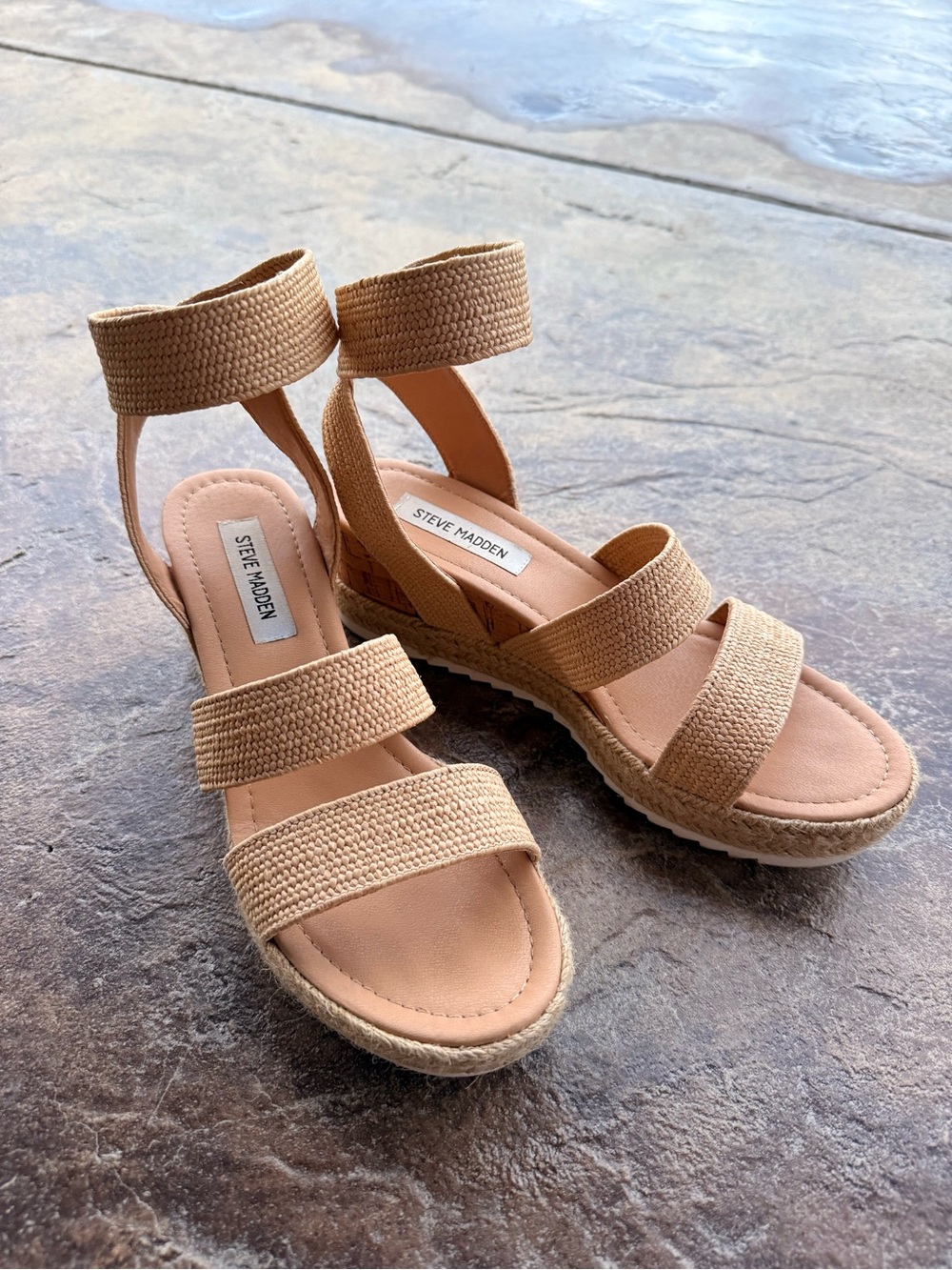 Steve Madden Beige/Tan Woven Ankle-Strap Wedge Sandals